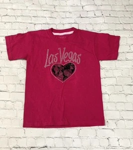Youth Girl's Medium Short Sleeve Pink T-Shirt Las Vegas Sparkle Heart Black Lace - Picture 1 of 7