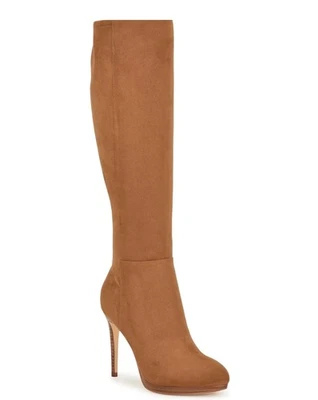 NINE WEST - QUIZME WIDE CALF, Tan faux suede/stretch knee boots 4", SZ 6.5 - Image 1 of 4