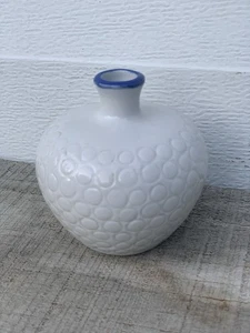 Vintage Mini white ceramic vase W/raised dimple texture Hand Painted blue rim 3” - Picture 1 of 9