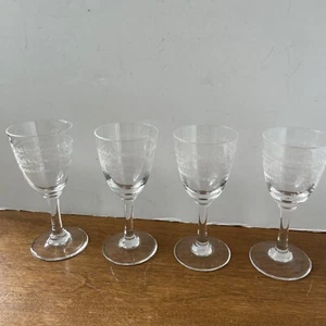 Edwardian Sherry/Port Clear Glasses 4 1/2” Etched with Greek Key Design Set of 4 - Picture 1 of 15
