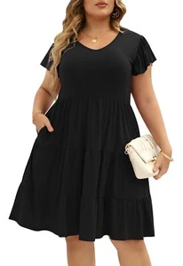 Plus Size Casual Summer Dresses Curvy Womens Elastic Waist Tiered A Line Ruff... - Picture 1 of 6