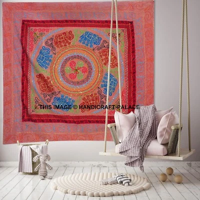 Indian Cotton Patchwork Tapestry Embroidered Elephant Wall Hanging Ethnic Decor  - Image 1 of 2