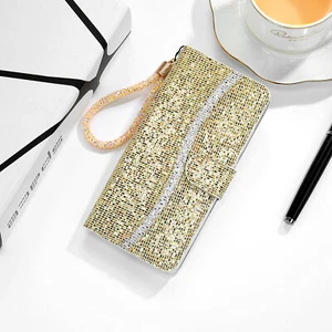 For Various Phone Flash Glitter Wallet Flip Card Bag Case Cover Hot Women +Strap - Picture 1 of 12