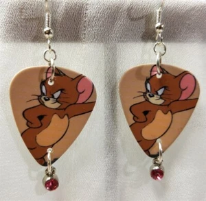 Jerry of Tom n' Jerry Guitar Pick Earrings with Pink Crystal Charms - Picture 1 of 3