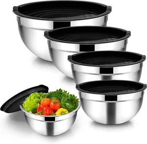 Homikit Rührschüssel Edelstahl Schüssel Salatschüssel Set Deckel 5 Stück Schwarz - Bild 1 von 7