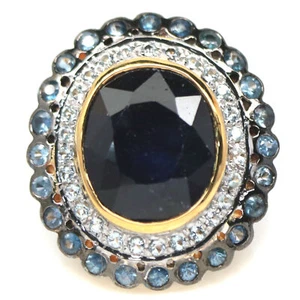 925 Sterlingsilber 13 x 16 Mm. Blauer Saphir & Weiß Zirkonia Ringgröße 6 - Bild 1 von 4