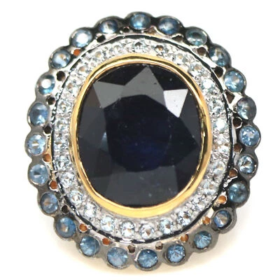 925 Sterlingsilber 13 x 16 Mm. Blauer Saphir & Weiß Zirkonia Ringgröße 6 - Bild 1 von 4