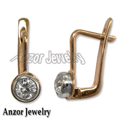 Pendientes pequeños de diamantes genuinos de oro rosa y blanco macizo de 14 k #E1270 Foto 1 de 4
