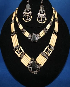 Schwarzer Stein/Bambus Halskette/Ohrring/Armband Peruanisches Set/Boho - Bild 1 von 4