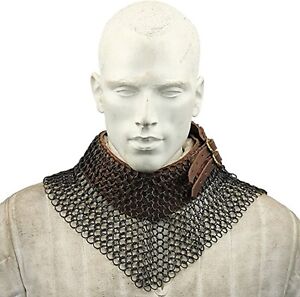 Mild Steel Butted Chainmail Collar (neck protection) with Brown Leather medieval