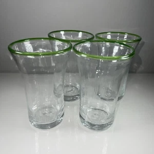 Vintage mundgeblasene Kunstglas Tumbler Gläser Bio grüner Rand 4er Set - Bild 1 von 12