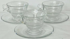 3 Duncan & Miller TEAR DROP CRYSTAL *6 OZ CUPS & SAUCERS*LEAF RING HANDLE* - Picture 1 of 2