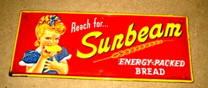1955 SUNBEAM BREAD EMBOSSED VINTAGE SIGN- STORE DISPLAY 30"- A-M SIGN CO 3-55 - Picture 1 of 14
