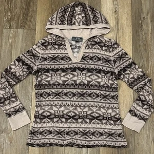 LRL Ralph Lauren Women's Thermal Aztec Hooded Sweater L Southwestern Henley Boho - Picture 1 of 5