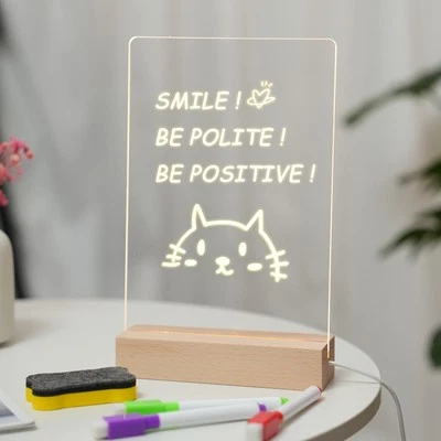 LED Note Board With Wooden Base Acrylic Plate Writing Message Letter Memo Wi - Image 1 of 4