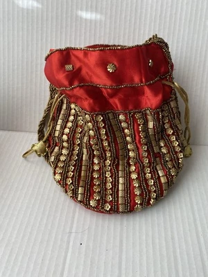 Small Red Sequence Satin Indian Beaded Purse With Strap - Image 1 of 4