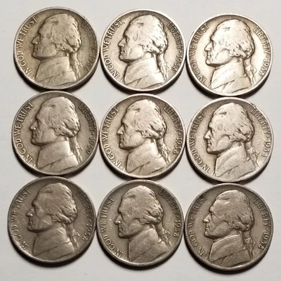 Lote de nueve níquel Jefferson 1938-D Foto 1 de 4