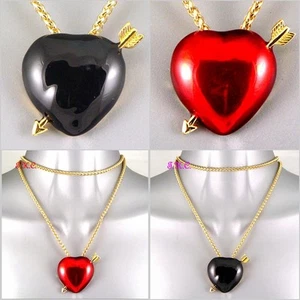 Elegante Retro Placcato Oro Smalto Nero Cuore Amore E Freccia Pendente Collana - Foto 1 di 14