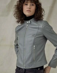 Womens Belstaff Biker Jacket Leather Mollison Dusk Grey UK4 IT36 - Picture 1 of 4