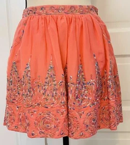THEME Womens Small Mini Skirt Embroidered Peach Orange Lined Cotton Silk BOHO - Picture 1 of 10