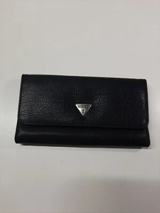 Guess Tri Fold Wallet Black Faux Leather Pebbled Snap Closure Side Pocket Cards - Picture 1 of 11