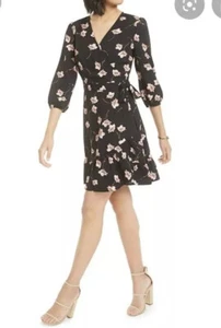 Bar III Floral Printed Wrap Dress Black Multi Floating Flower XS $79.50 NWT - Picture 1 of 8