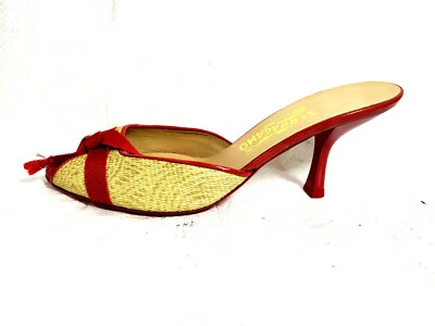 Salvatore Ferragamo Mujer Toboganes Talla 81/2 B Beige Rojo Ribete Tejido Tacón Zapatos Nuevos sin Caja Foto 1 de 4