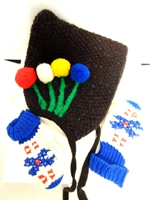 Guantes guantes de mano de invierno tejidos a mano con globos de flores sombrero gorro vintage de los años 60 para niños pequeños Foto 1 de 4