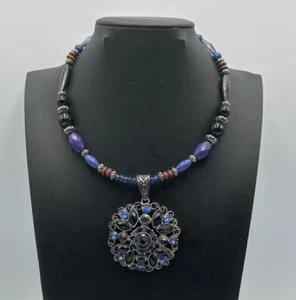 Boho Statement Necklace Blue Black Beaded Large Round Pendant Costume - Picture 1 of 7
