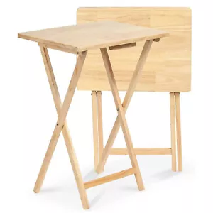 PJ Wood Folding Portable TV Snack Tray Table with Natural Finish, 2 Piece Set - Picture 1 of 11