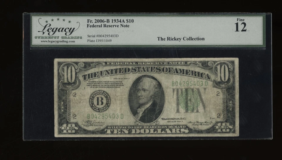 DBR 1934-A $10 FRN New York Fr. 2006-B Legacy 12 Serial B04295403D - Image 1 of 2