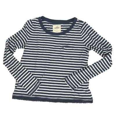 Hollister Vintage Y2K Women's Striped LS Top Size L Navy White Lace Trim Pocket - Image 1 of 4