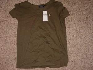 Polo Ralph Lauren Mujer Algodón Manga Corta Cuello en V Camiseta Verde Oliva M ¡NUEVA CON ETIQUETAS! - Imagen 1 de 7