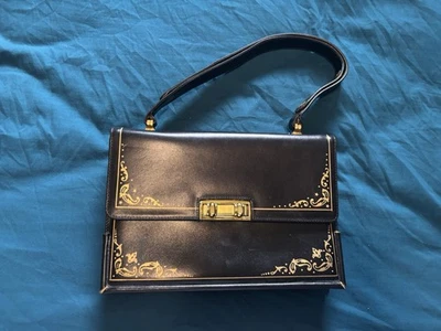 Vintage 50s Scuola del Cuoio Gold Tooled Italian Black Leather Handbag Florence - Image 1 of 4