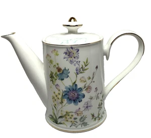 Teiera Grace blu fiore selvatico bianca fine porcellana caffettiera 34 oz bordo oro - Foto 1 di 11