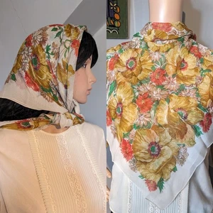 Vintage 1940s Crepe Poppy Wildflower Floral Head Neck Large Scarf 40s 50s 36" - Picture 1 of 8