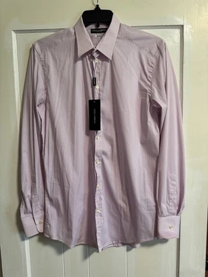 DOLCE & GABANNA MEN'S $495  SLIM FIT WHITE/PINK  PINSTRIPE SHIRT SZ 41/ 16(GOLD) - Image 1 of 4