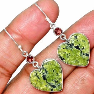 Heart - Natural Serpentine & Garnet 925 Sterling Silver Earrings Jewelry E-1002 - Picture 1 of 5