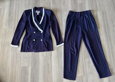 复古 Dani Max 裤子西装夹克套装羊毛紫色女式 4 办公室 80 年代黑帮妻子美国 — 第 1/4 张图片