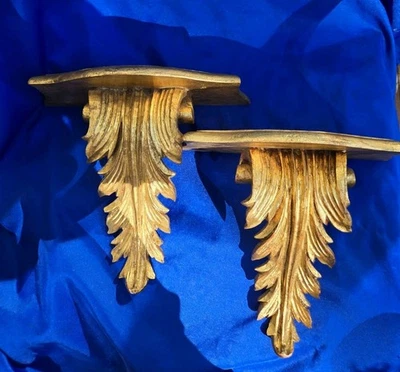 Vtg Italian Matched Pair Gold ~Florentine ITALY SHELF Sconce Antique Acanthus - Image 1 of 4