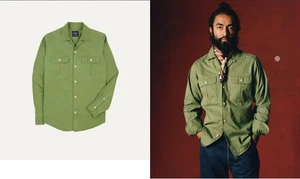 Drake’s 	LS CAMP COLLAR BRUSHED TWILL SHIRT; GREEN - Large - Picture 1 of 4