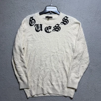 Guess Los Angeles Fuzzy Sweater M Cream Knit Logo Spellout Soft Mohair Style Men - Image 1 of 4