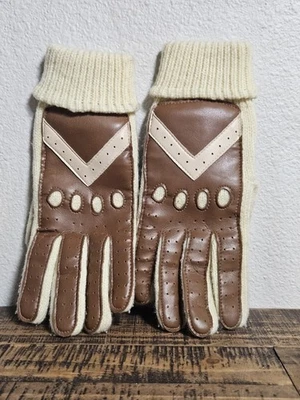 Guantes De Colección Aris Blanco Tejido Marrón Cuero Sears Mujer Talla Única Acrílico Retro Años 80 Foto 1 de 4