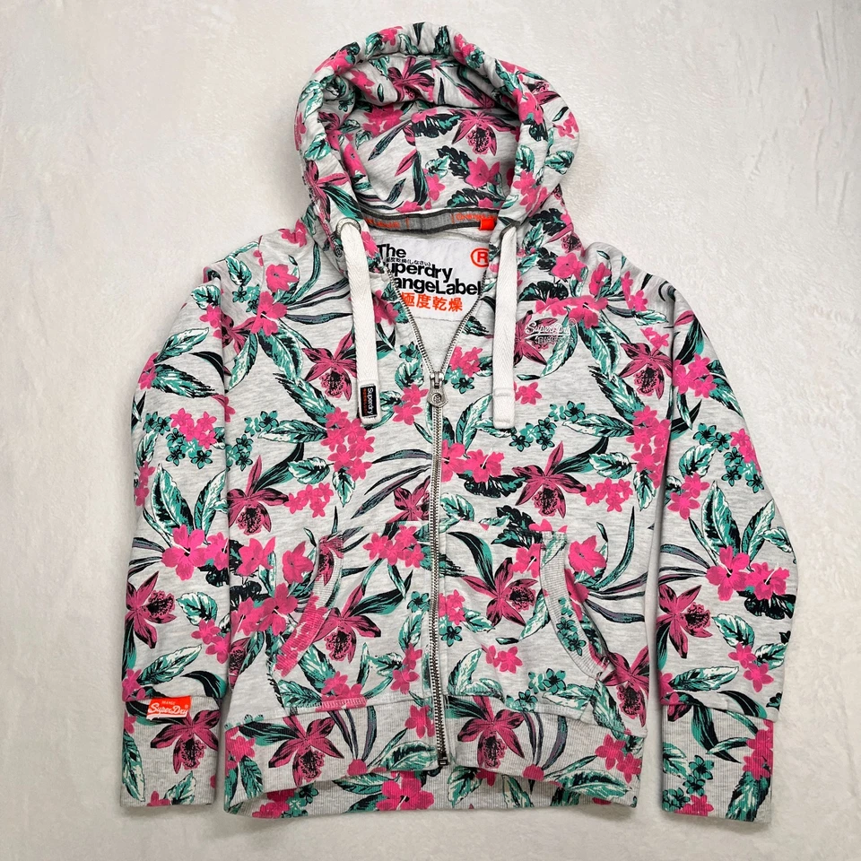 SUPERDRY GRUESO Rosa Tropical Cremallera Completa Sudadera con Capucha Talla S Naranja Etiqueta Acogedora Cálida Y2k Foto 1 de 4
