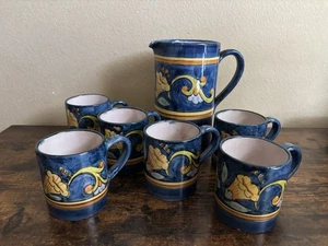 Handbemalter Keramik Krug und 6 Becher Tassen Blumen v. Pinto Vietri Italien - Bild 1 von 10