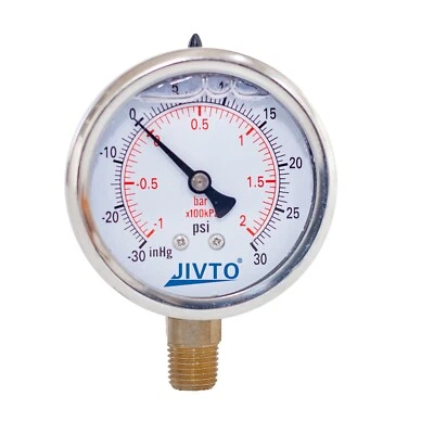 Pressure Gauge,liquid Filled,2" Dia,-30 inHg-30 psi,1/4 NPT lower mount - image 1 of 4