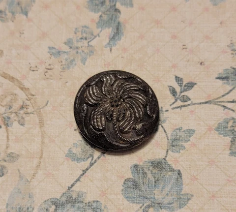 Antique Black Glass Button W Silver Luster Victorian Flower 4 hole box metal sha Cover