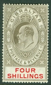SG 73 Gibraltar 1906-11. 4/- negro y carmín. Un fino montaje fresco muy ligero... - Imagen 1 de 1