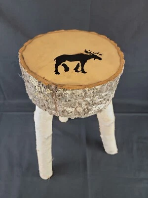 Handmade Real Birch Wood 3 Legged Stool Cabin Furniture Moose 19"H - Image 1 of 4