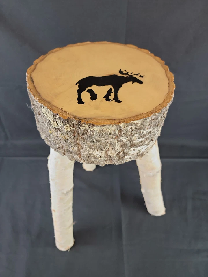 Handmade Real Birch Wood 3 Legged Stool Cabin Furniture Moose 19"H - Image 1 of 4